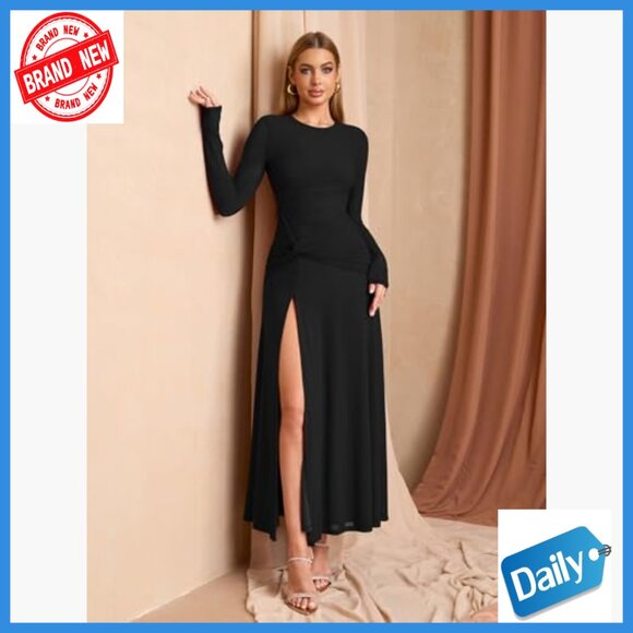 Long Sleeve Ruched Maxi Dress Formal Wedding Guest Cocktail Party - Picture 6 of 6